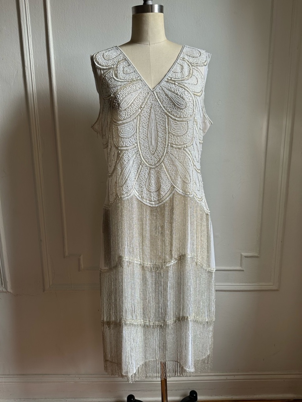Vintage Ivory and Gold Beaded Wedding Dress Large 12-14